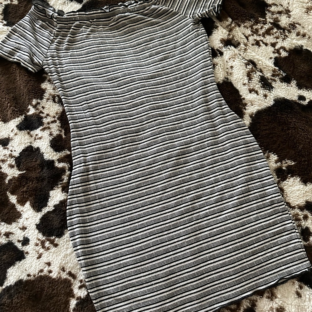Hello Miss Black and White Striped Off the Shoulder Mini Dress